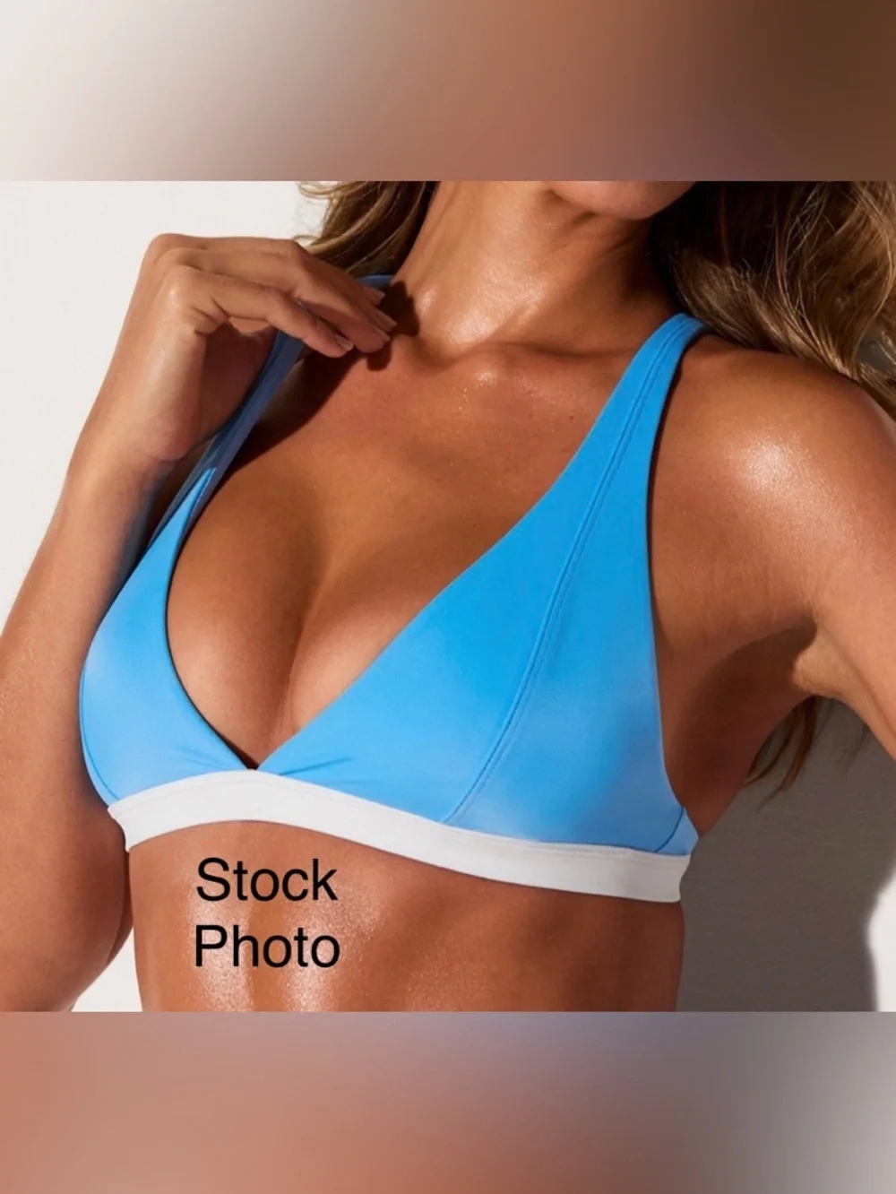 Fabletics Bright Blue Plunge Swim Top Bralette with White Band Bikini Top